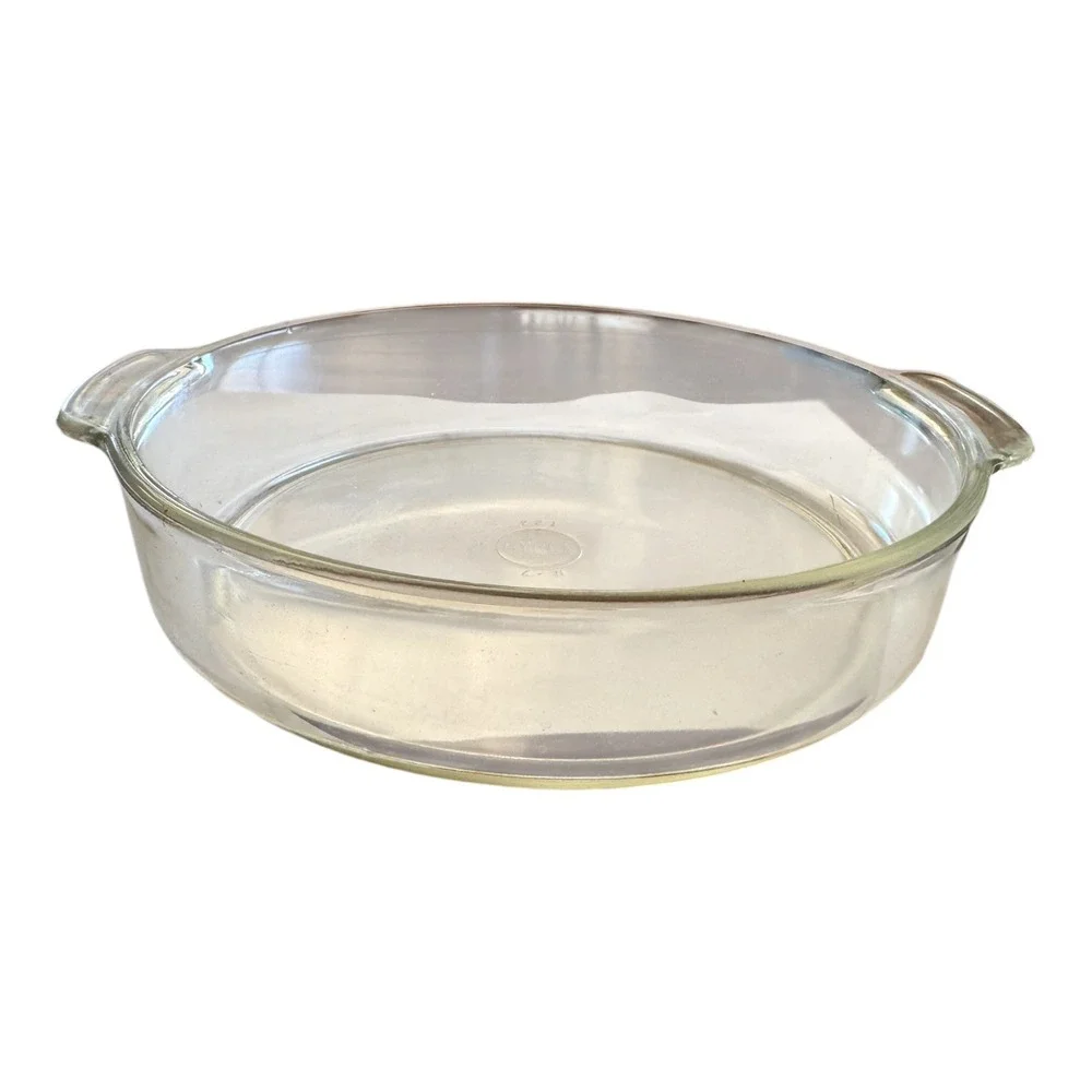 Vintage Pyrex Clear Glass Round Baking Dish Casserole Pan w/ Handles 221-AN 8.5